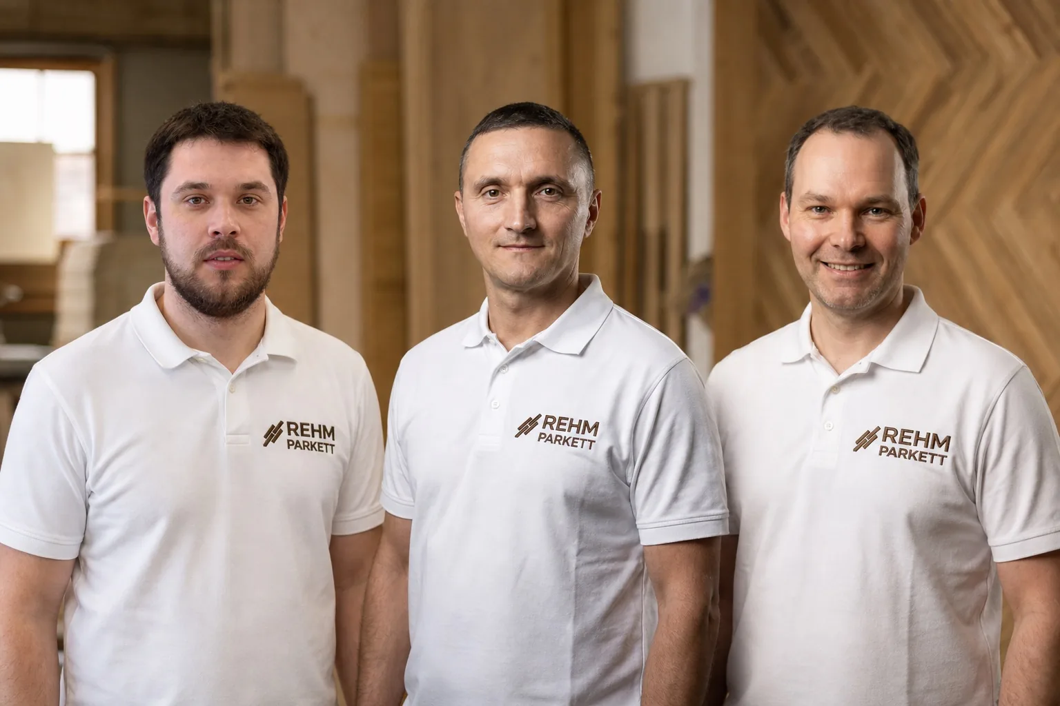 Alexander Rehm, Andrey Brumaru und Stefan Schmidt in Rehm-Parkett-Poloshirts
